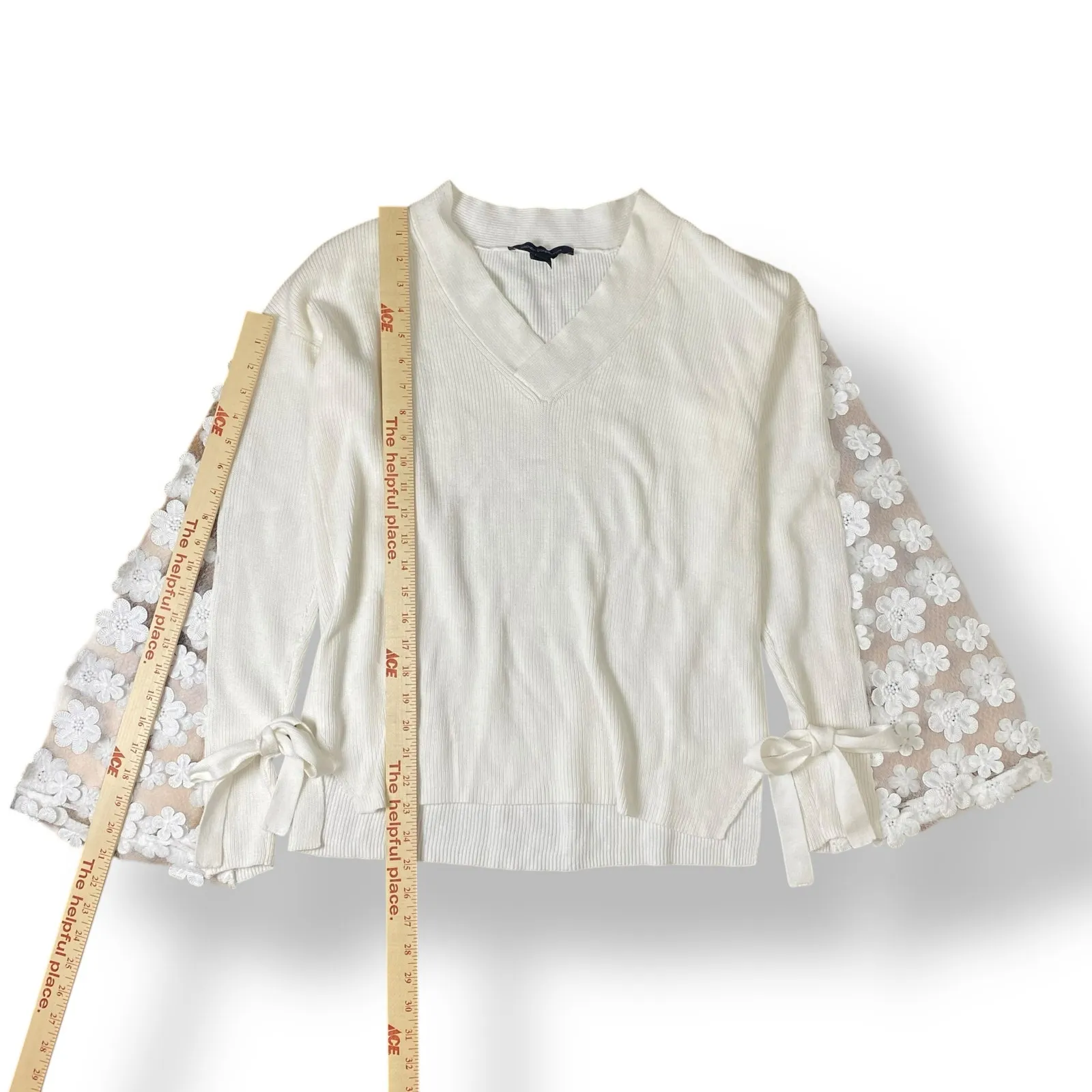 French Connection Cotton Lace Bell-Sleeve‎ Top Womens Size XS White - Image 3