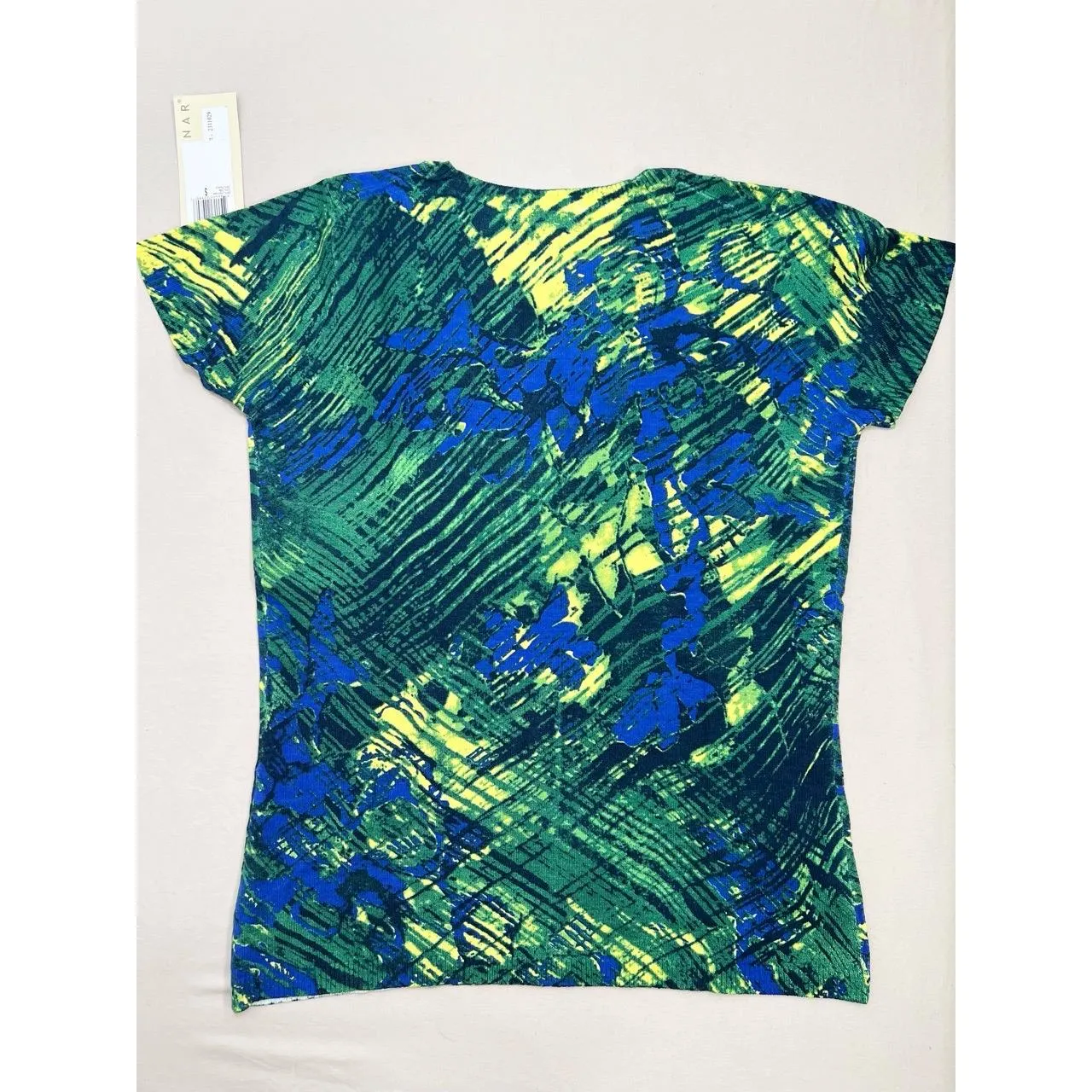 KENAR Blue Green Silk Blend Daphne Knit Top Size M Multicolor Print Short Sleeve - Image 2