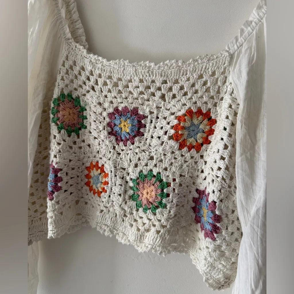 Aerie Crochet Colorful Vacay Top Long Flowy Sleeves Crop Top Blouse Boho - Image 3