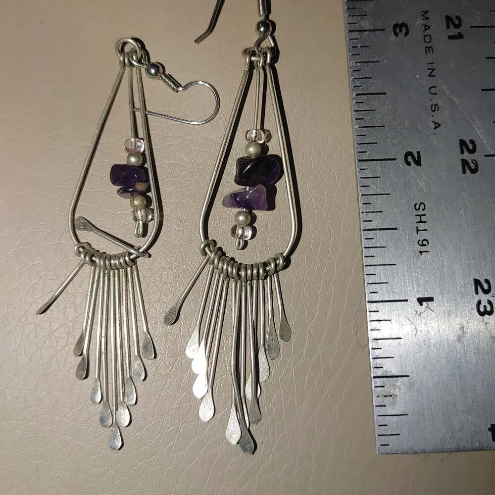 Long Vintage Silver Dangle Earrings Purple Amethyst Pearl Beads Fringe - Image 4