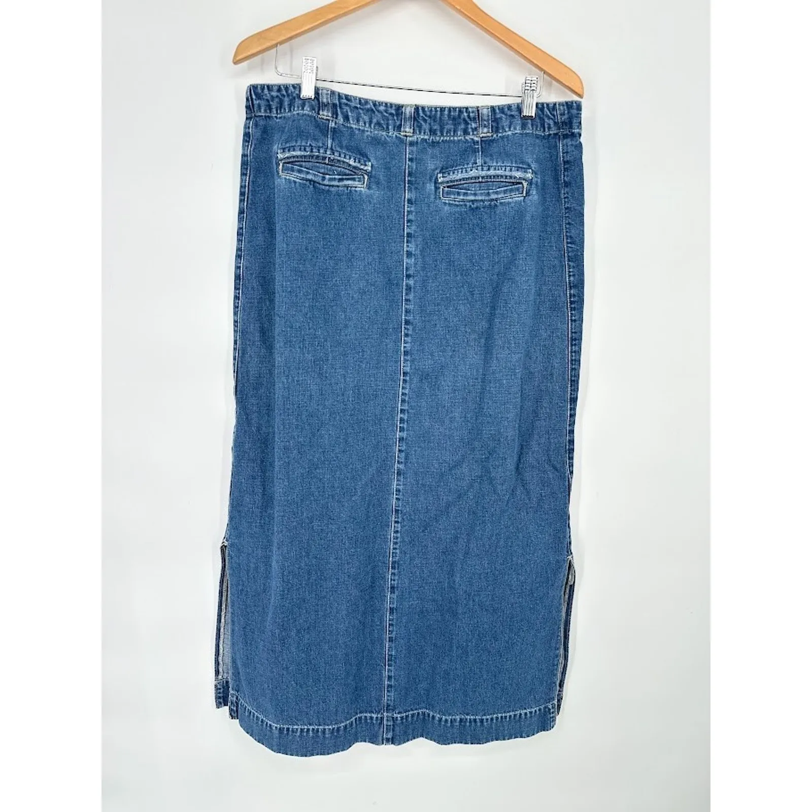 Vintage Y2K Old Navy Denim Jean Skirt Size 14 Maxi Straight Cut Cotton Side Slit - Image 4