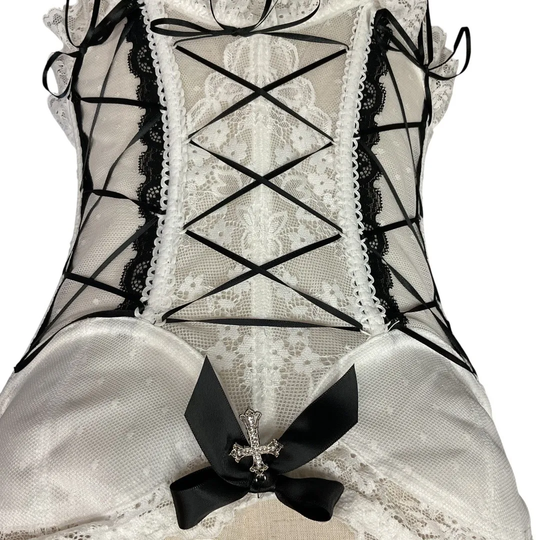 Women's Goth Sleeveless‎ Lace Up Cami Bow Lace Trim Punk Corset Top Sz L - Image 3