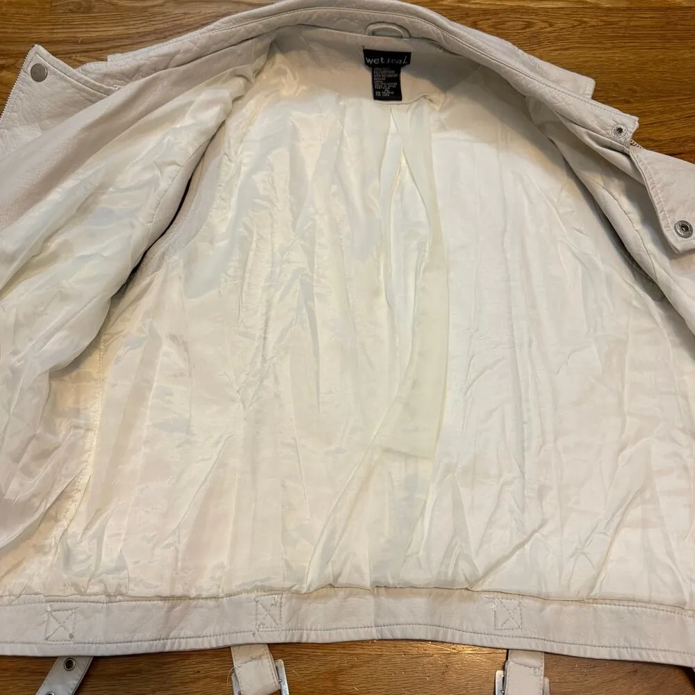 Wet Seal Juniors XL Off White Pleather Faux Leather Moto Jacket Retro Biker Zip - Image 5