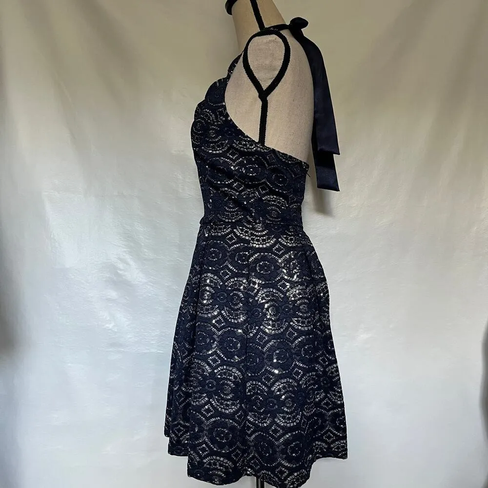 B.DARLIN Halter Lace Dress Size 5/6 Blue Fairy Grunge Whimsigoth Tie Shiny Full - Image 6