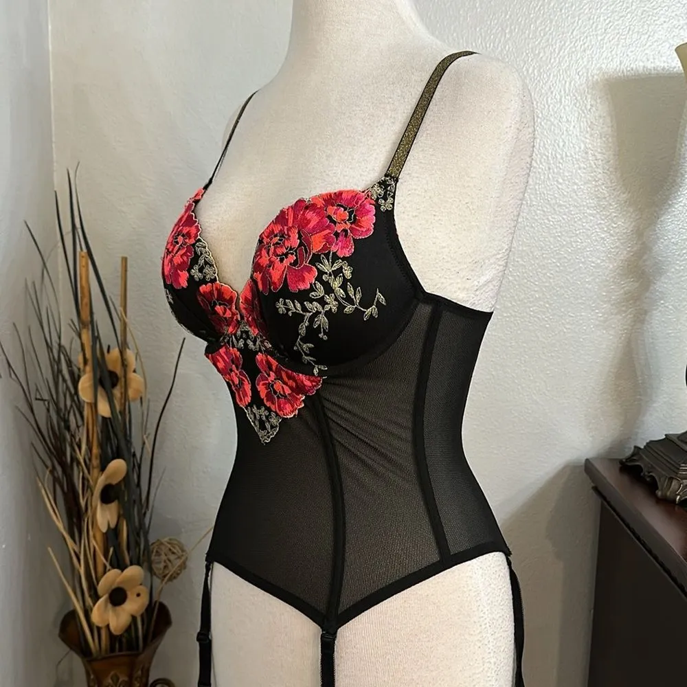 Victoria’s Secret Embroidered Push Up‎ Garter Slip Red And Black Size 34C - Image 3