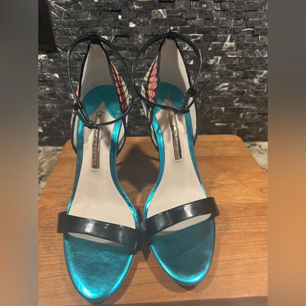 Sophia Webster Flutura Feather Peacock Metallic Stilettos Size 7 Heels Sz 37.5 Black - Image 2