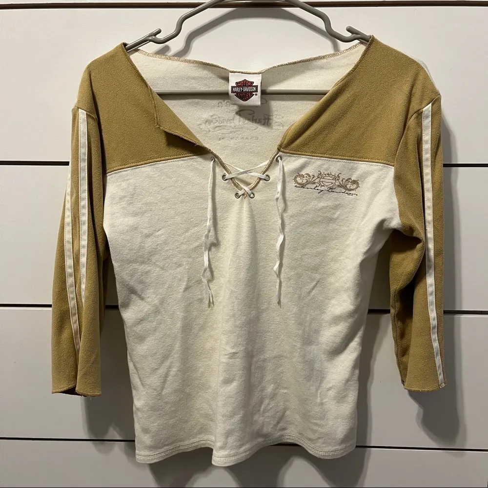 Harley Davidson White & Suede Criss Cross Tee - Image 2