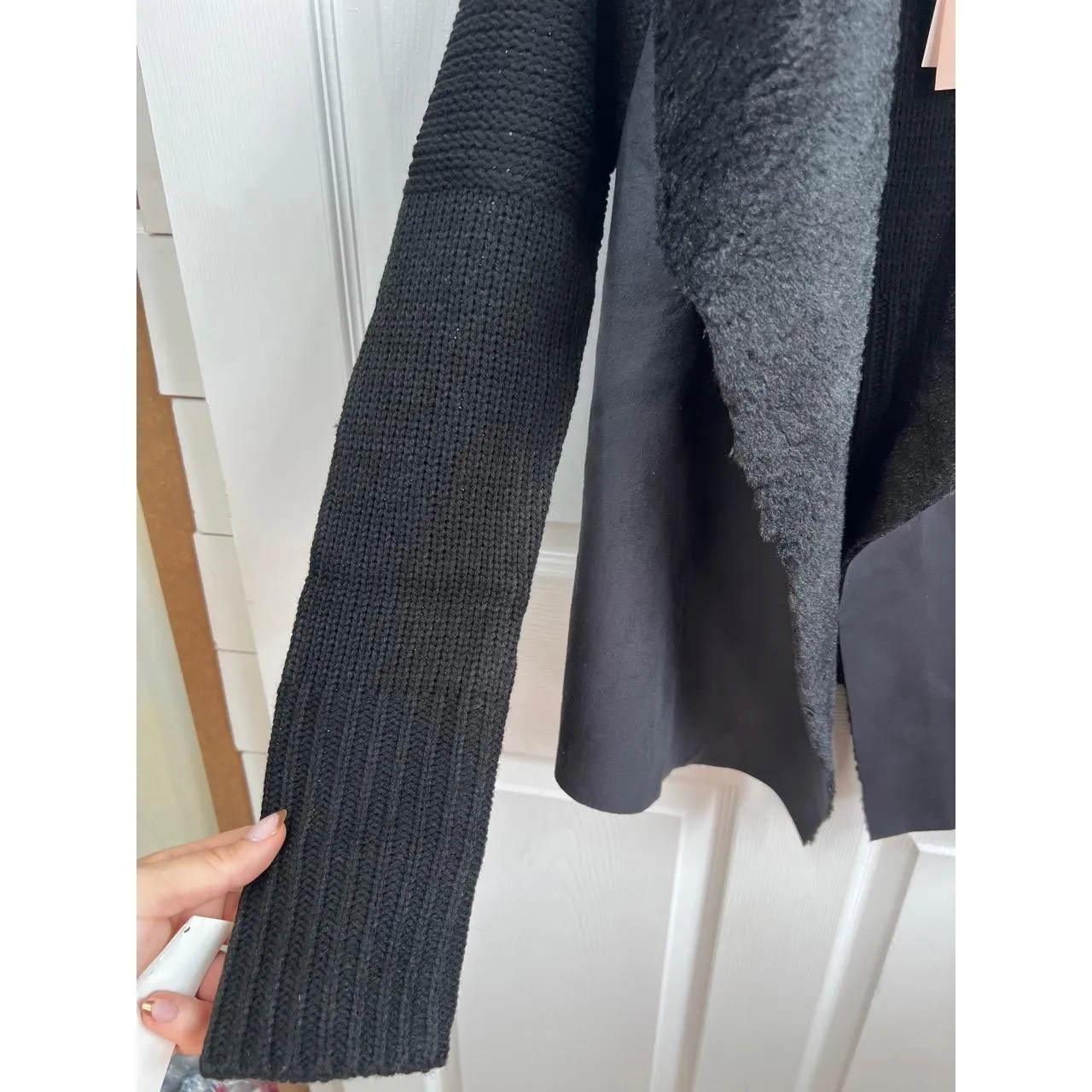 Philosophy Jacket Size XS Black Draped Open Front Faux Fur Collar Knit Chic - Image 8