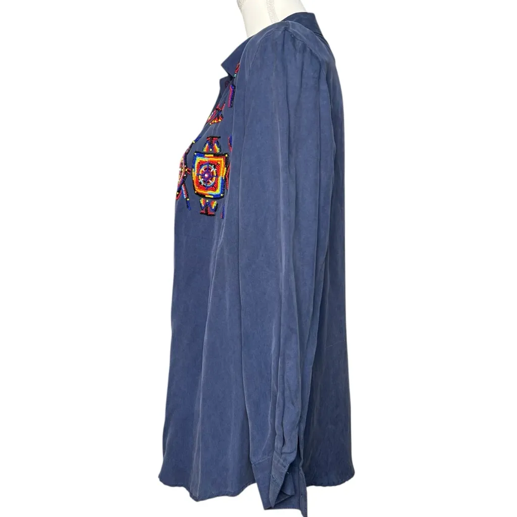 I. B. Diffusion 100% Silk Blue Button Up Aztec Beaded Women’s Blouse Size 8 - Image 5