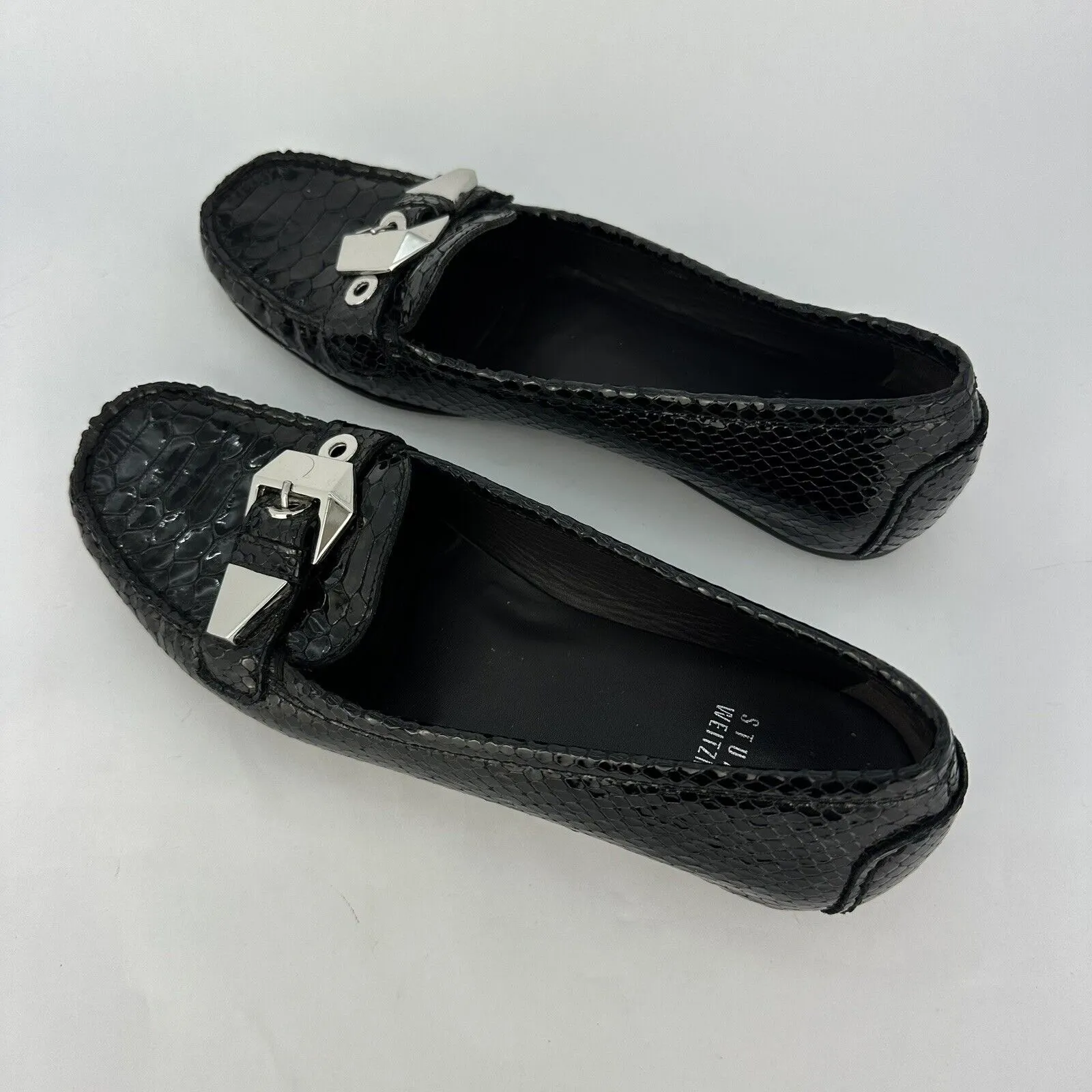 Stuart Weitzman Women’s  Black Leather Snake Skin Loafers Buckle - Image 3