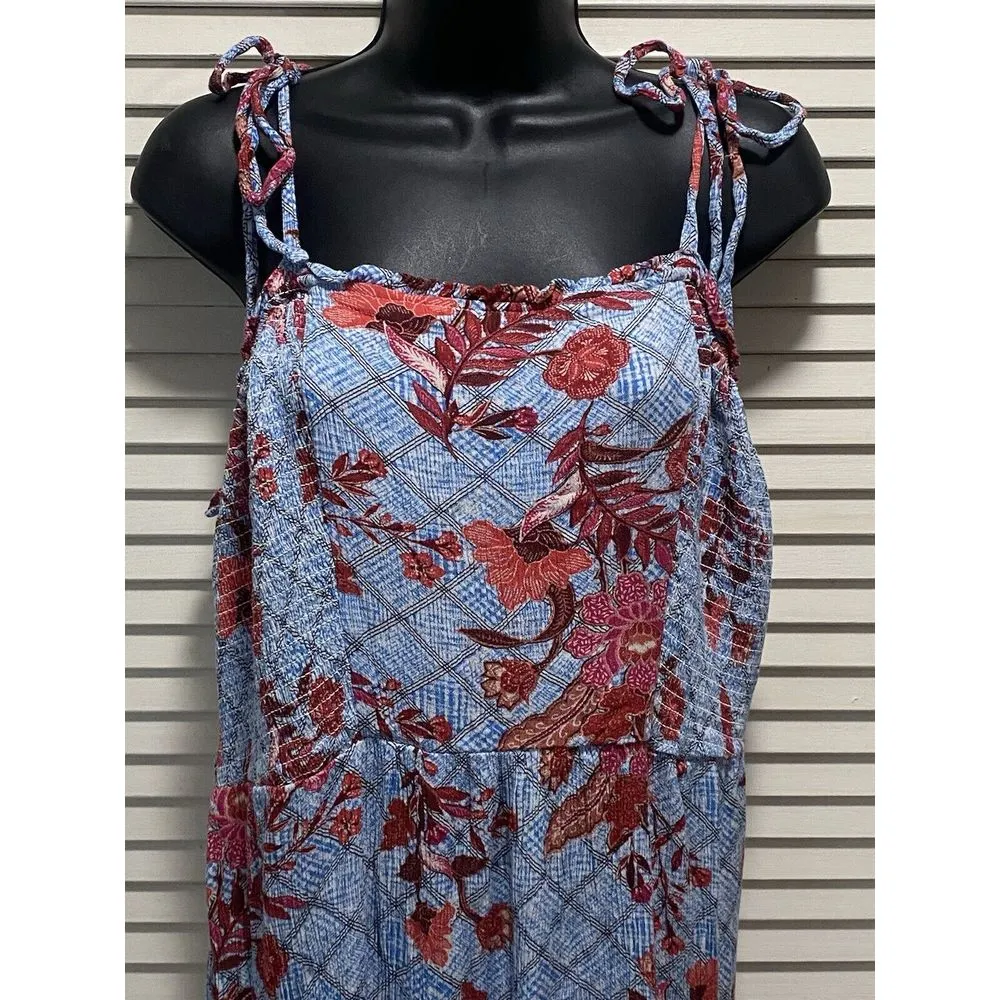 Knox Rose Blue Red Floral Paisley Smocked Ruffle Sleeveless‎ Tie Maxi Dress  XL - Image 2