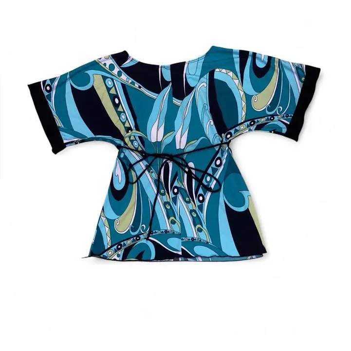 Y2k blue, black and green psychedelic babydoll blouse with flowy short sleeves - Image 5