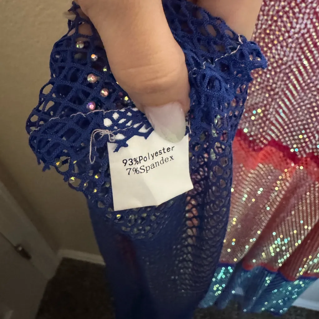 Queen of Sparkles beaded Mesh One Shoulder Asymmetrical Swim‎ Coverup Sz M Blue Size M - Image 8