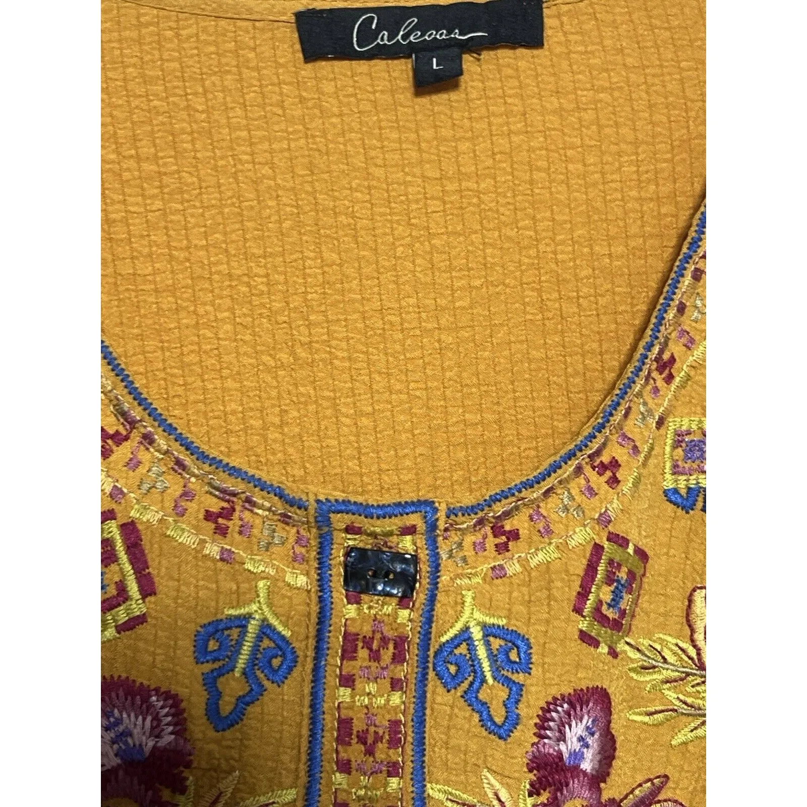 Caleoas BOHO Patchwork Blouse Embroidered Floral Buttons Size L Long Sleeve Size L - Image 7