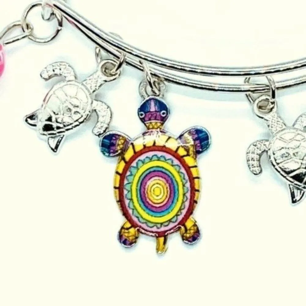 Boutique Beaded Sea Turtle Charm Colorful Bangle Bracelet - Image 3