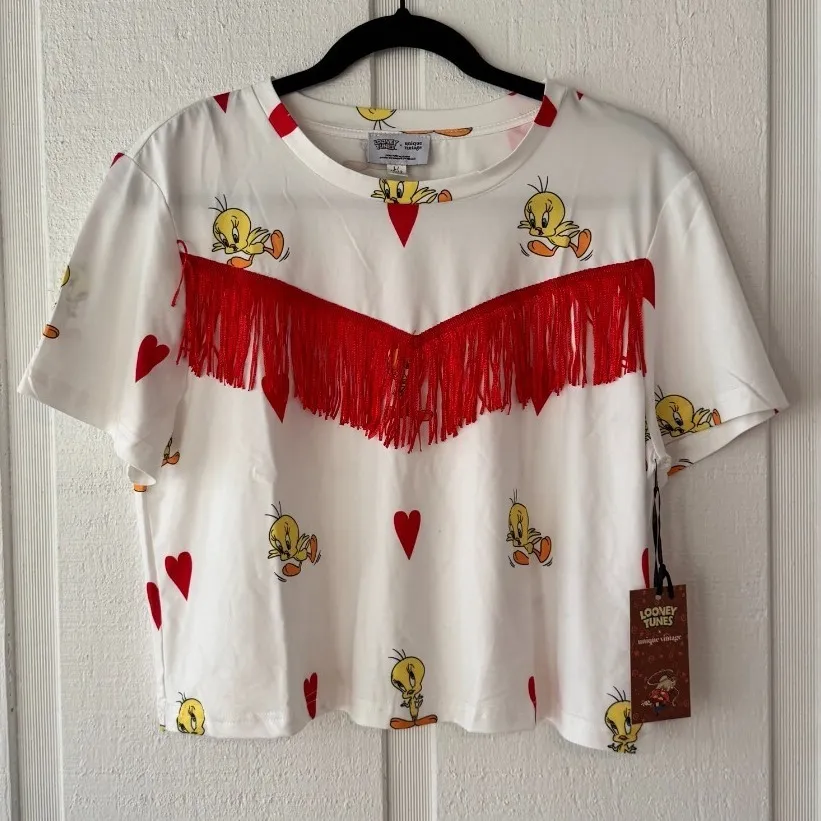 Looney‎ Tunes Tweety Bird Graphic Tee Red Fringe Cropped Top XS/S - Image 6
