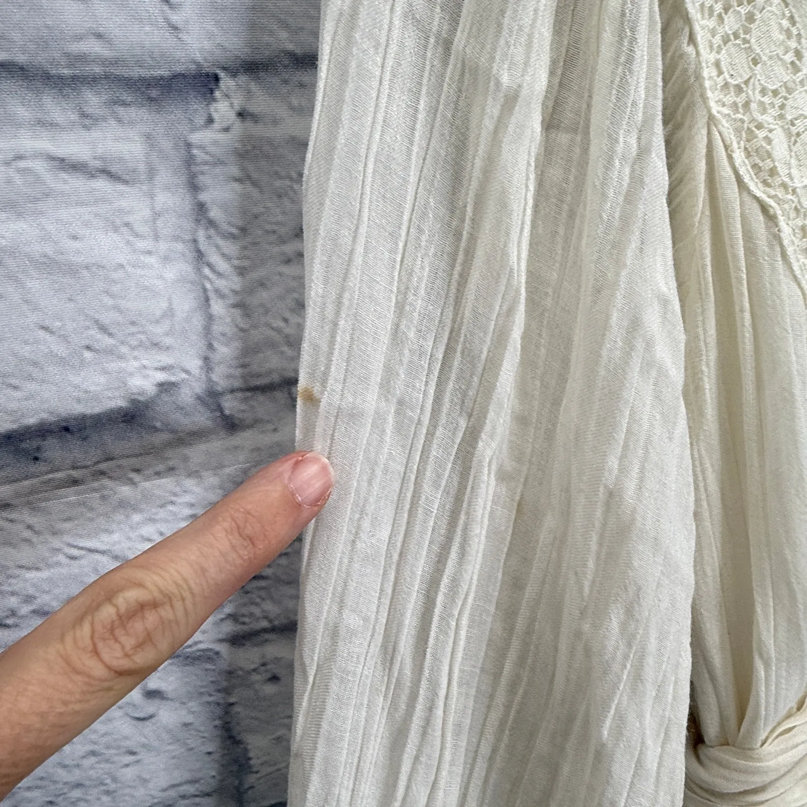 Vintage Cotton Gauze Ivory White Long Sleeve Maxi Gown 70s Size S Empire Tie - Image 6