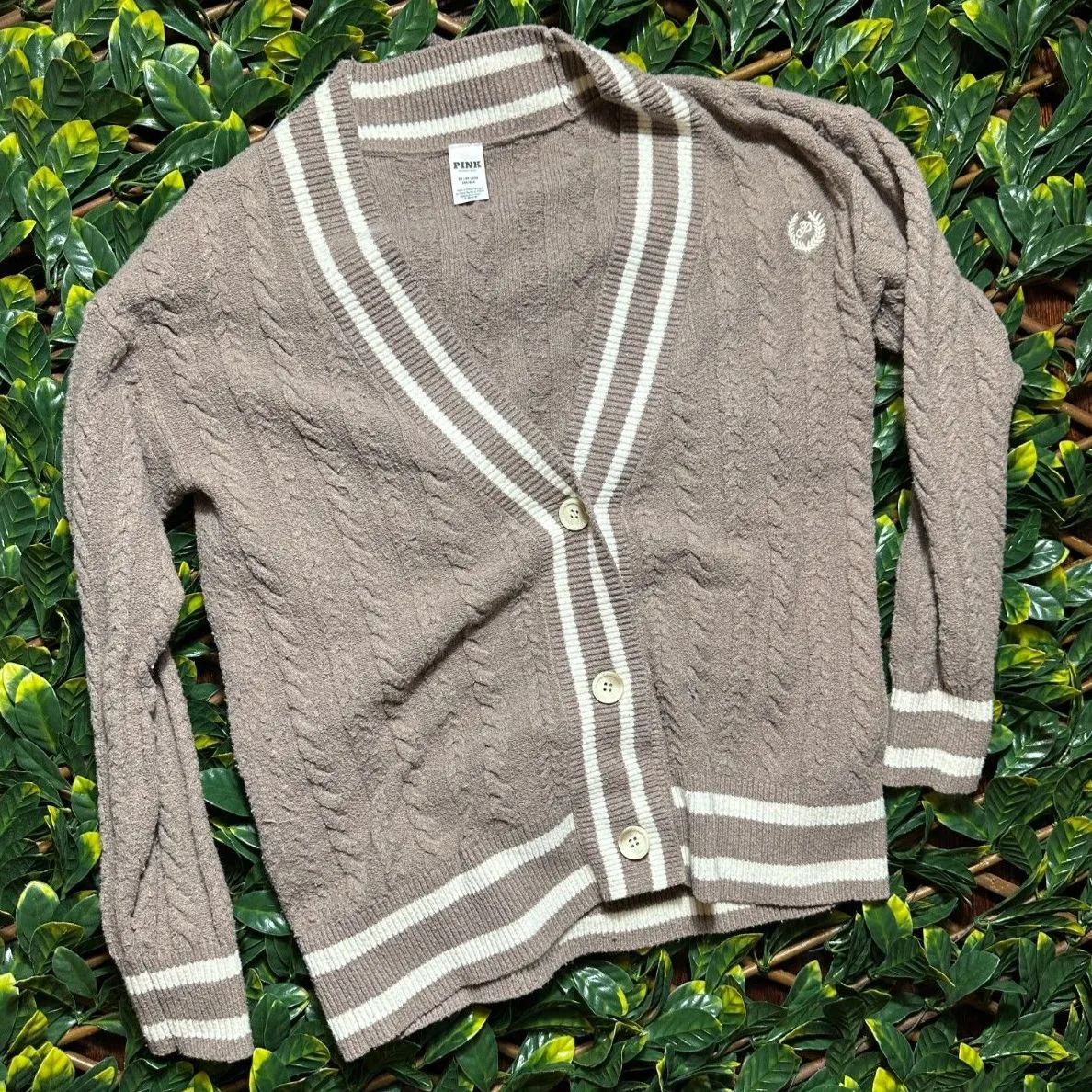 PINK Brown Oversized Button Up V Neck Cardigain Size XS - Image 6