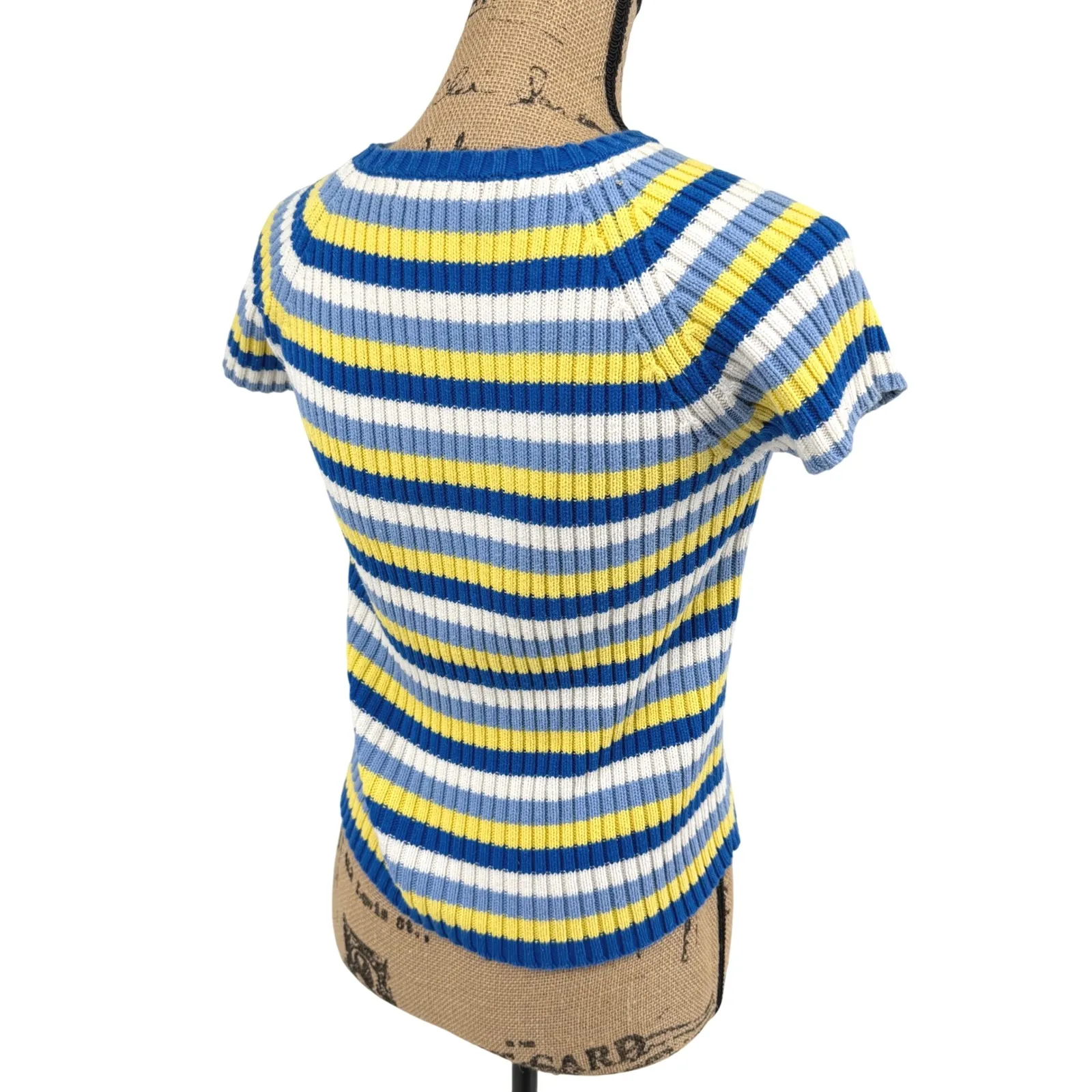 VTG No Boundaries Striped Knit Top M Rachel Green Blue Yellow White‎ Ribbed Y2K - Image 5