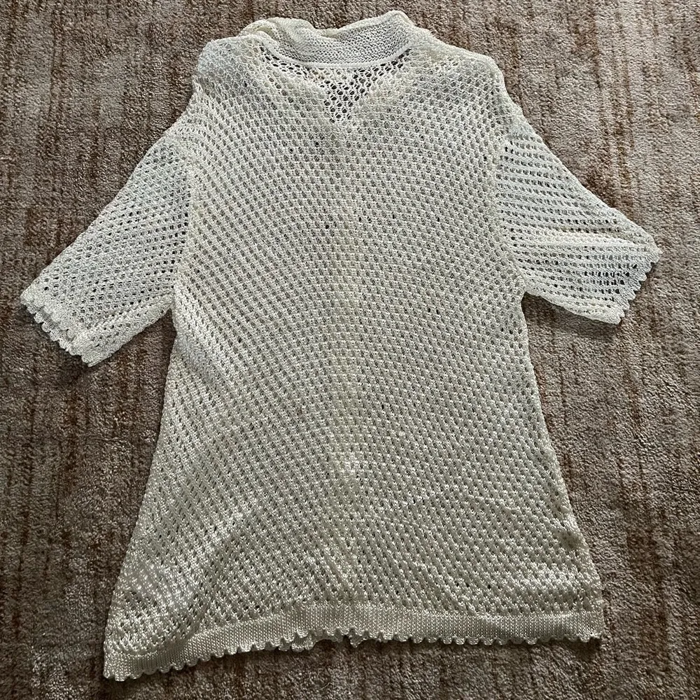 Urban Outfitters Crochet  Short Sleeve Cream Shirt Womens L Beachy Boho Resort - Image 9