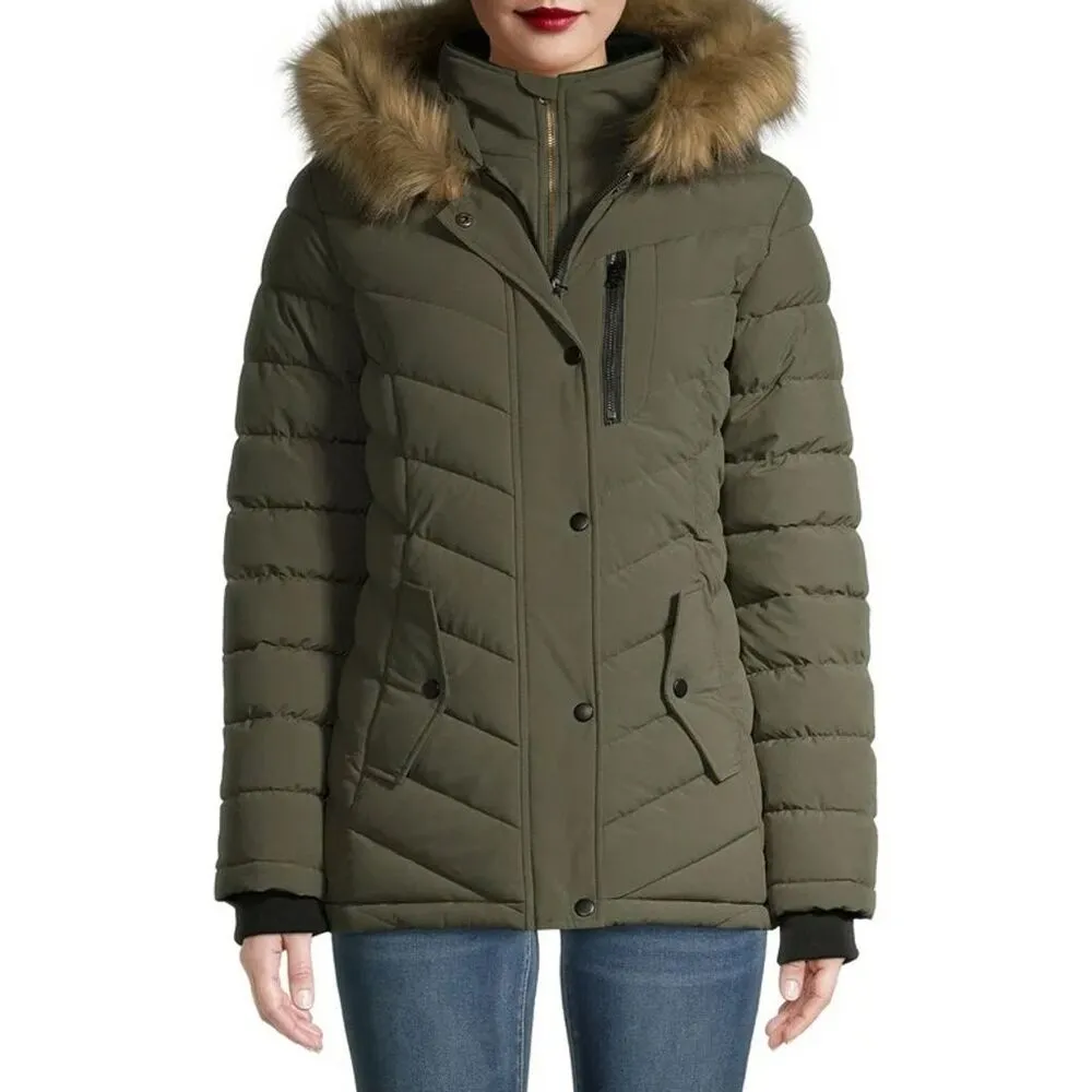 Swiss Tech Women's Small Green Puffer Coat Faux Fur Hood Winter‎ Jacket - Image 2