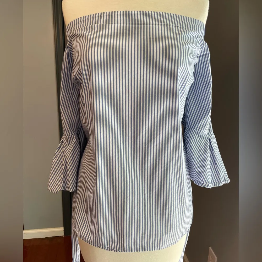 H&M Blue & White Preppy Nautical Striped Off-Shoulder Beach Summer Top - Image 2