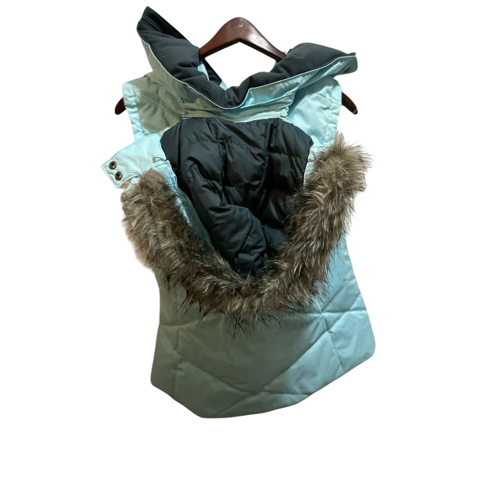 Columbia Puffer Vest Hooded Faux Fur Trim Light Blue Womens Size S like new - Image 2