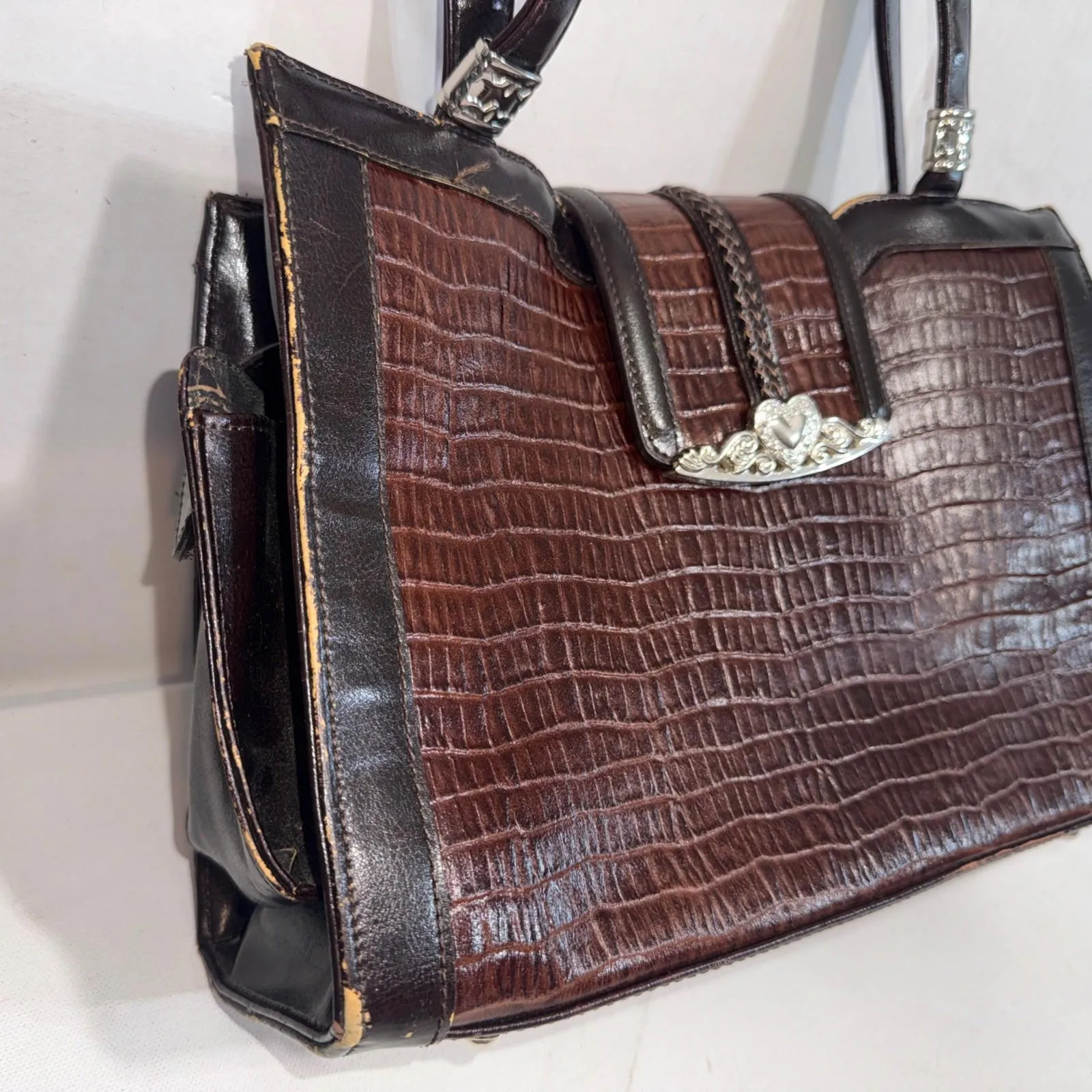 Brighton Style Gorpcore Y2K Handbag Brown Croc Leather Trim Silver Hearts Purse - Image 4