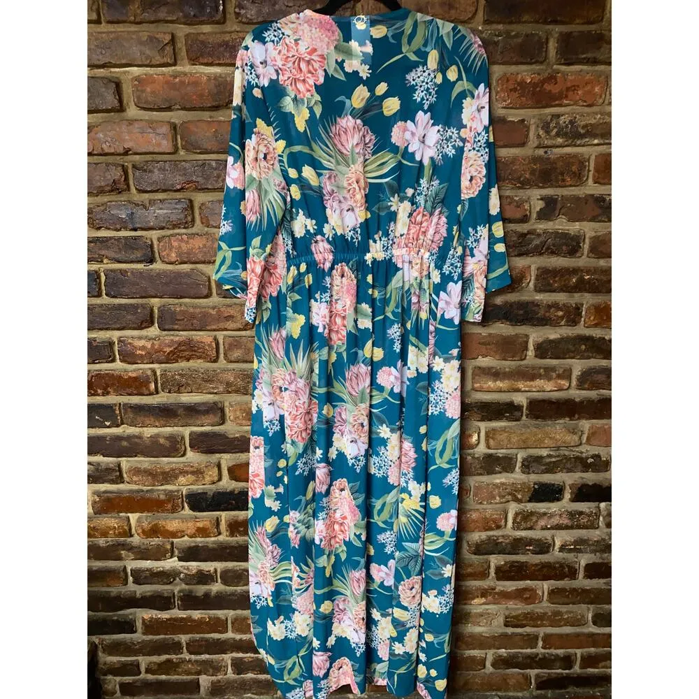 NWOT Jantzen Teal Blue Isn't It Romantic Floral Kimono Swim Cover-Up Women Small - Image 7