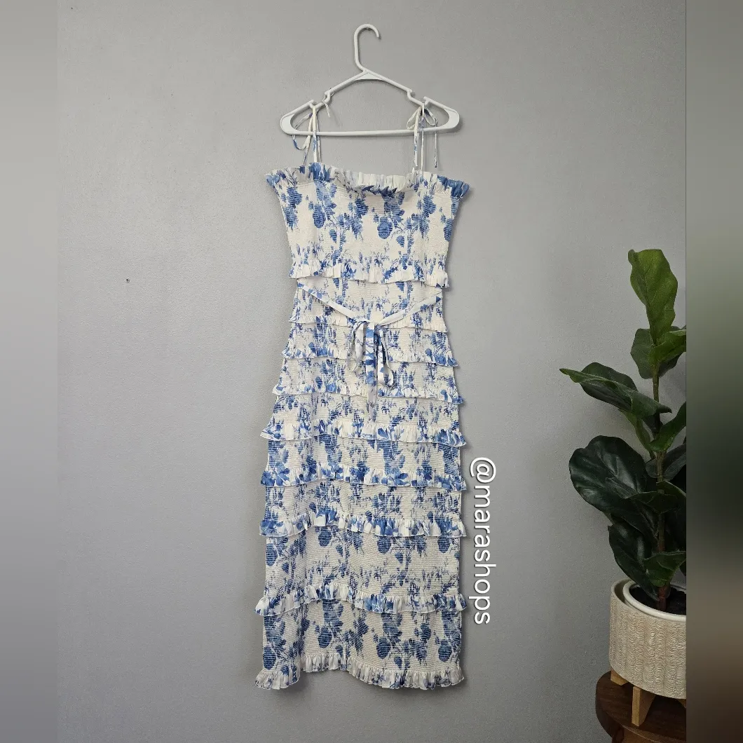 V. Chapman Lily Ruched & Ruffled Stretch Satin Midi Dress Blue Size L - Image 5