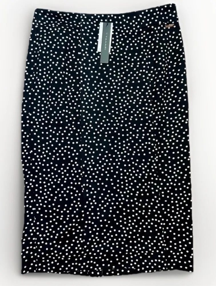 T TAHARI Midi Pencil Skirt Size M Black White Polka Dot Slit Leg Tummy Control - Image 1