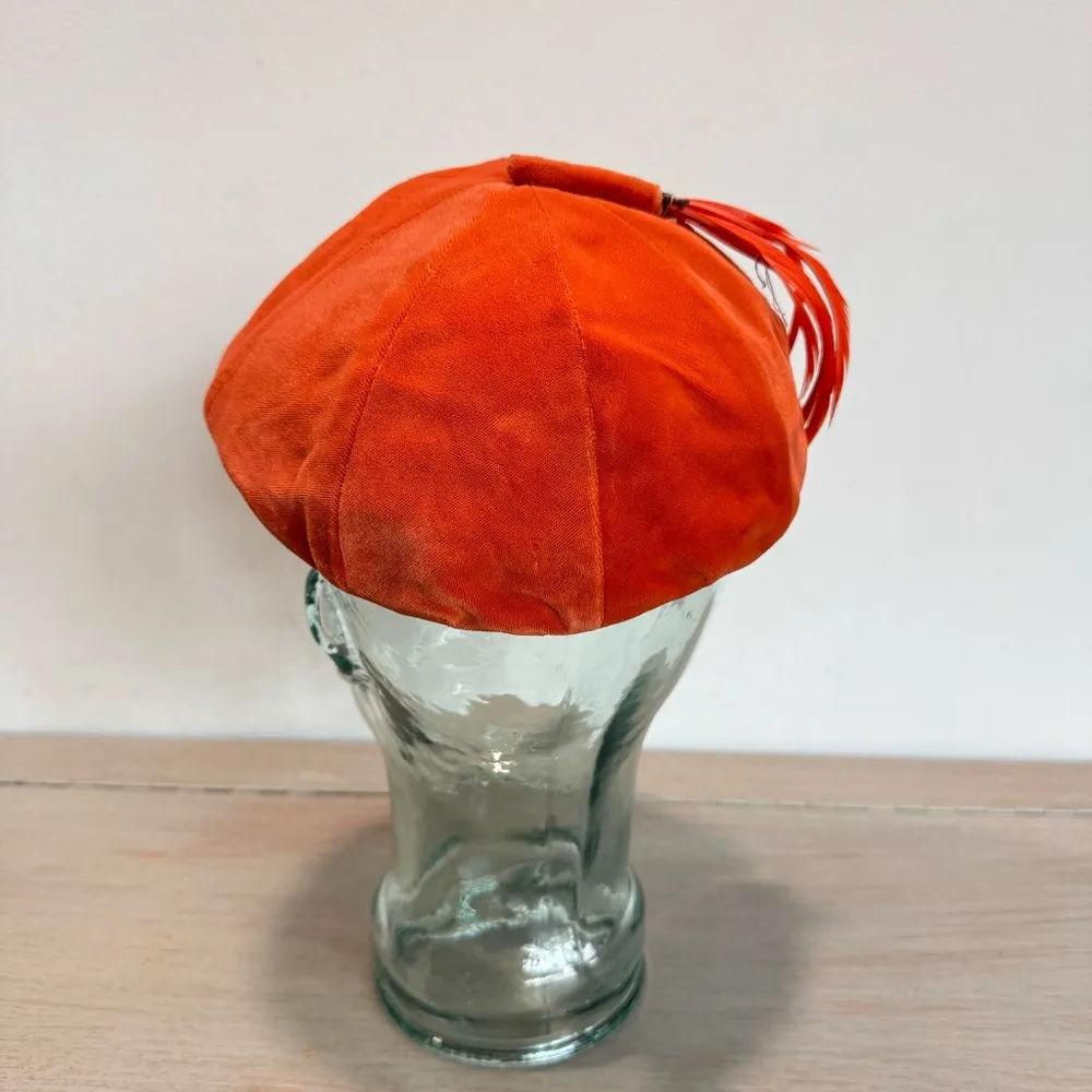 Vintage 50s Nita Hats Of Dallas Orange Velvet Feathered Perching Hat Cap Capulet - Image 4