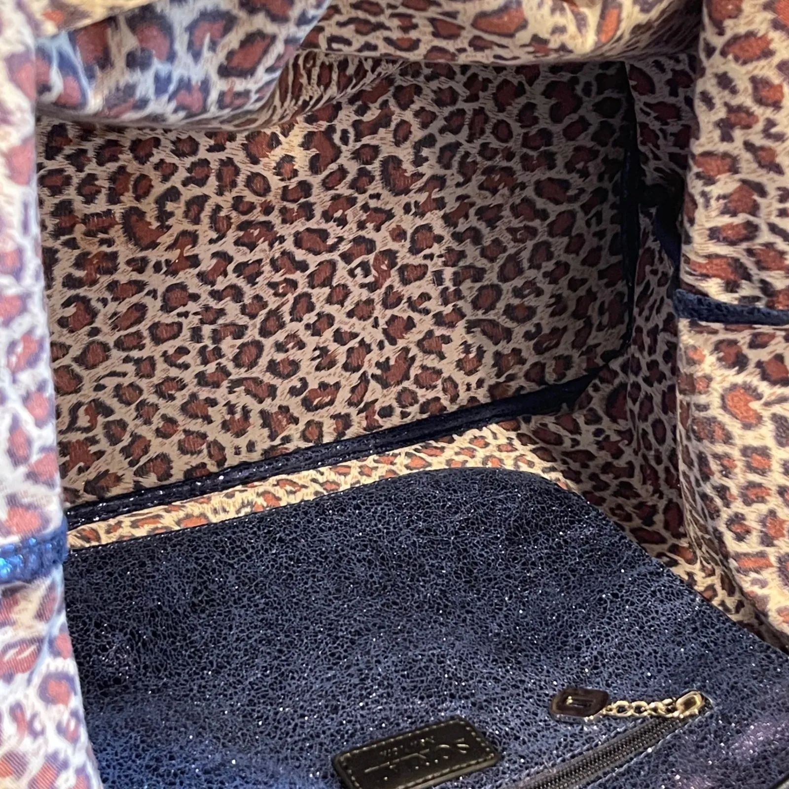 SORIAL New York‎ Purple Metallic Tote Bag Leopard Print Interior Travel Shopper Black - Image 7