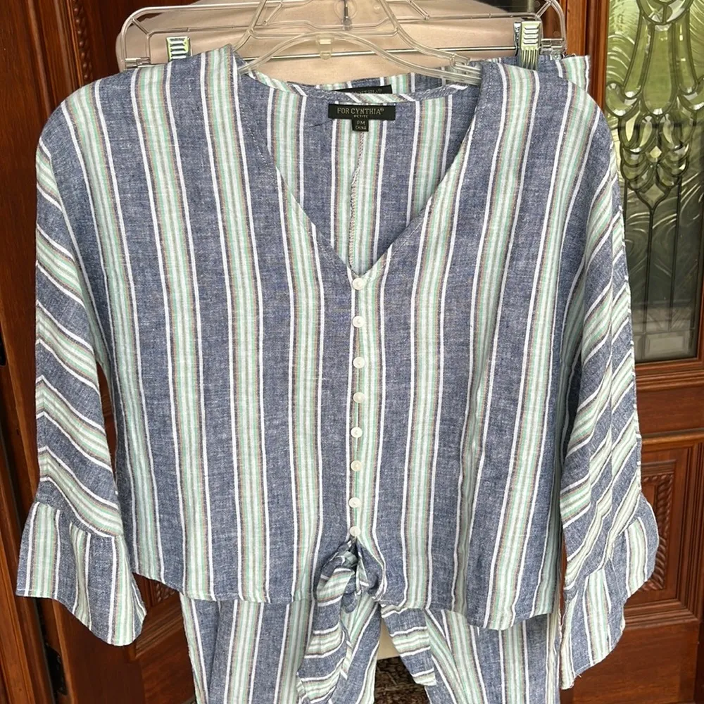 Linen Cotton Set Cynthia Bell Sleeve Top Elastic Back Pants - Image 9