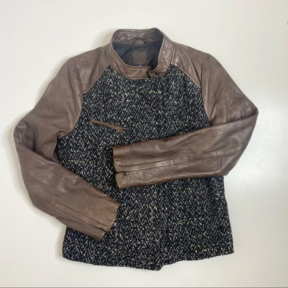 Gap Brown Leather Boucle Tweed Moto Jacket M - Image 2