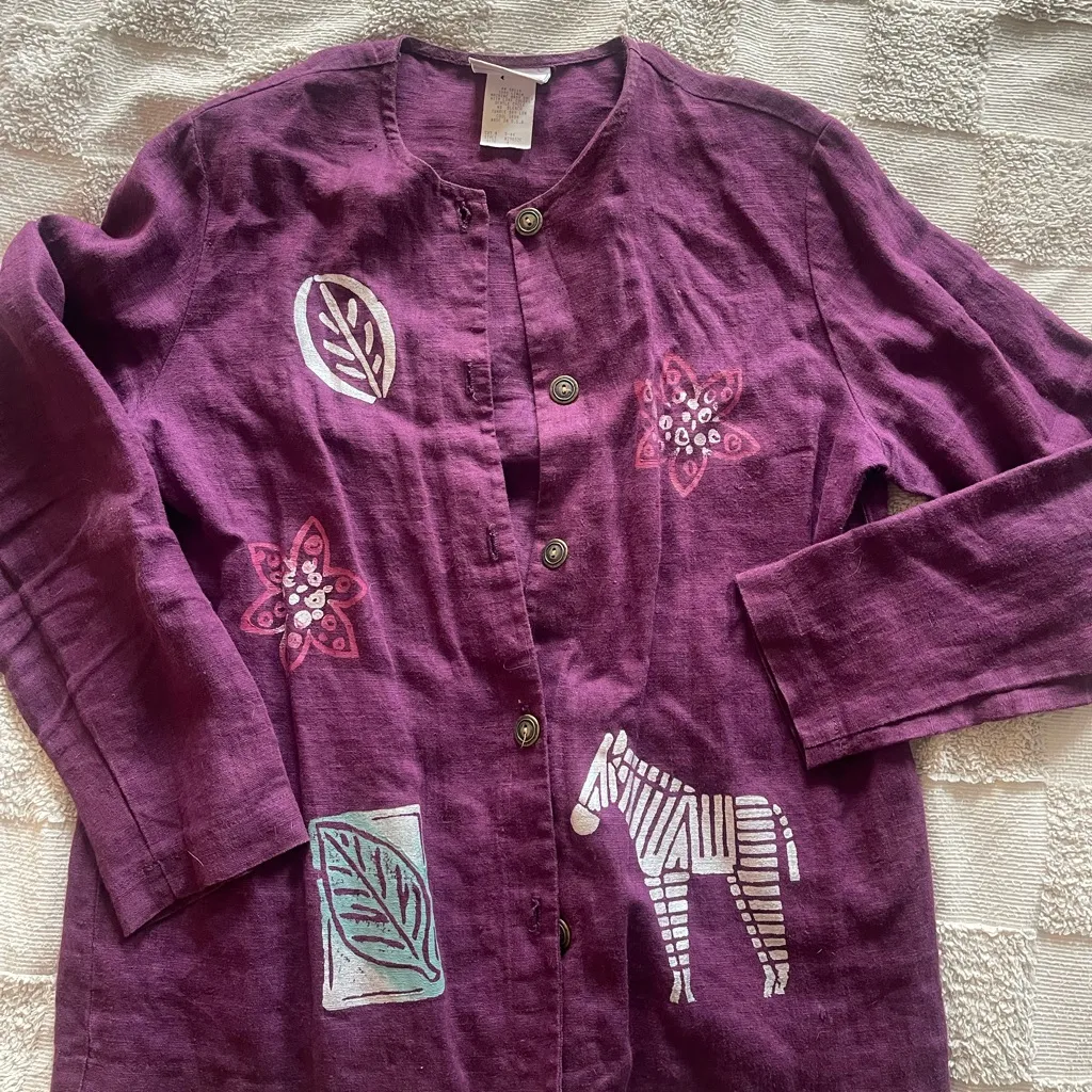 VTG Purple Linen Hand Painted Button Down Jacket Safari Bohemian 80’s - Image 3