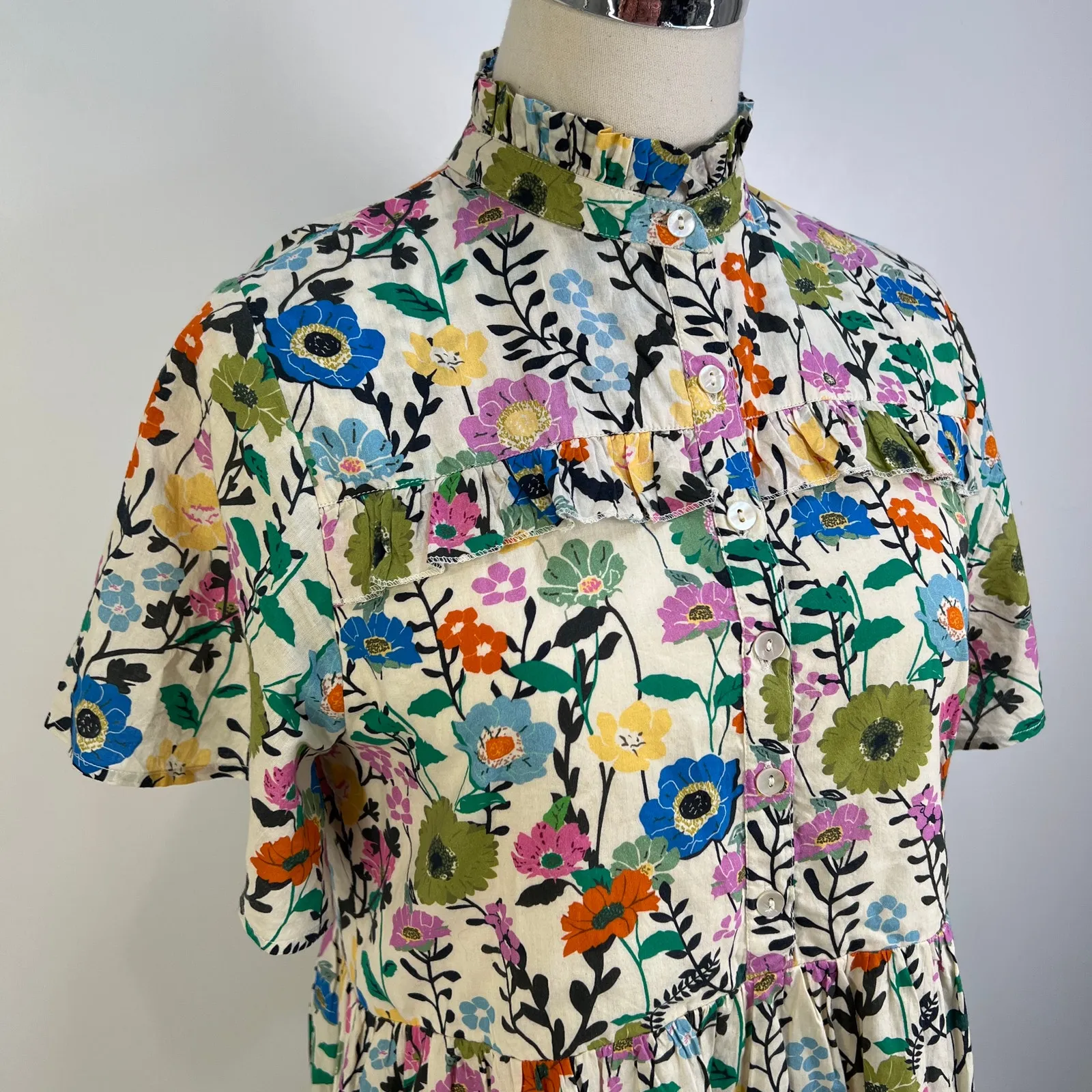 Anthropologie Ro's Garden Vibeka Ruffled Mini Shirt Dress Floral White Size XS - Image 2