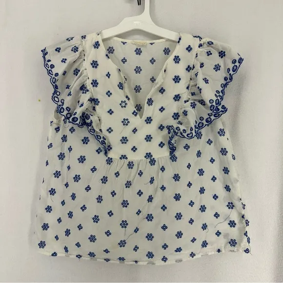 Jennifer & Grace Floral Embroidered Cap Sleeve Ruffle Blouse Large White - Image 1