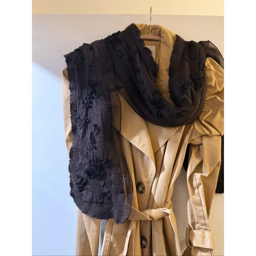 Brown Silk Chiffon Wool Blend Scarf Floral Appliqué Wrap Shawl Boho Romantic Brown - Image 6