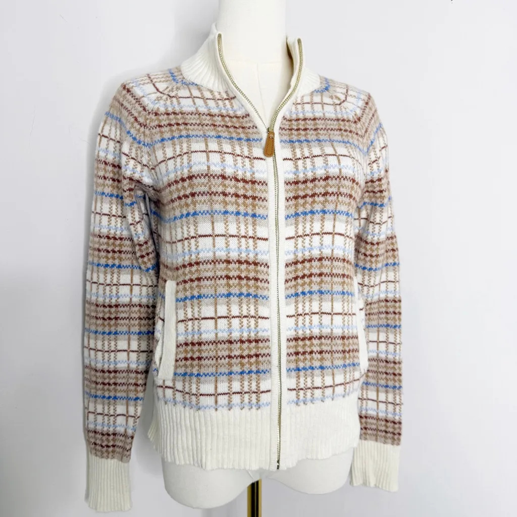 Talbots Zip Front Plaid Sweater Jacket Raglan Knit Brown Blue Small - Image 2