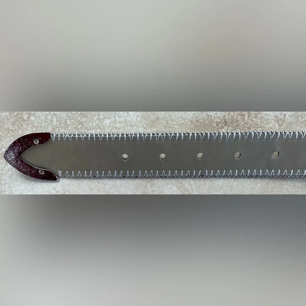 Womens White Western Belt MEDIUM/LARGE Waist Size Silver Tone Buckle Beaded Trim - Image 5