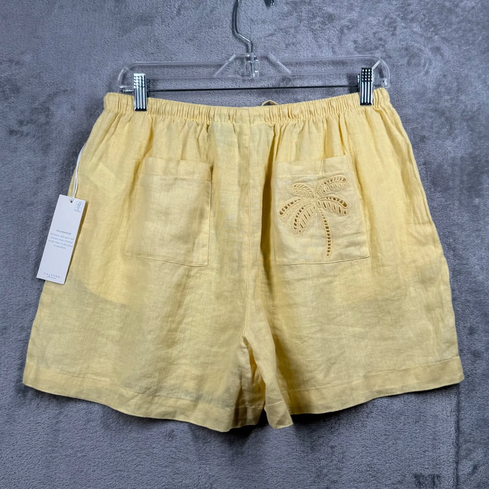Calypso St Barth 100% Linen Shorts M Yellow‎ Palm Tree Embroidered Beach Resort Yellow Size M - Image 3