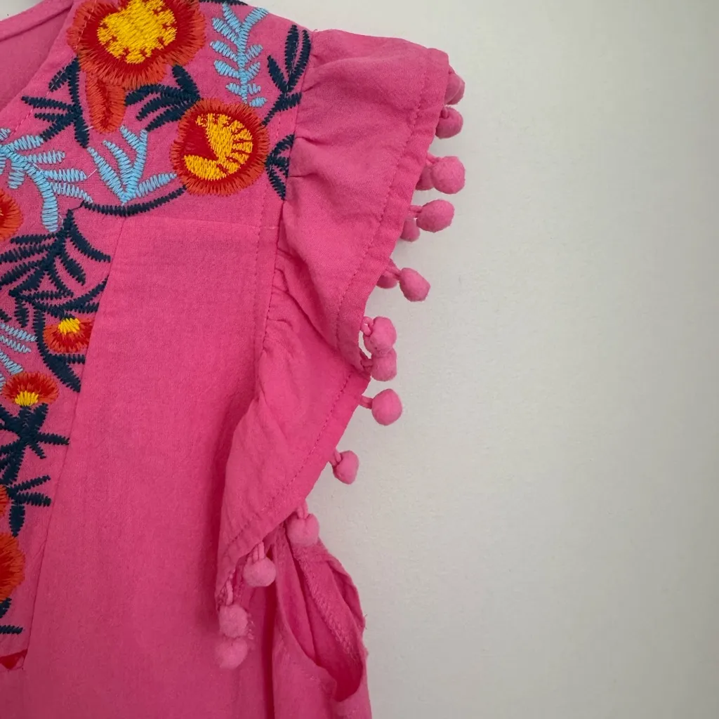 Umgee Pink Embroidered Boho Dress Size Large Sleeveless Pom Pom Trim Ruffle Hem - Image 4