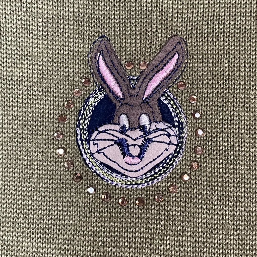 Wool Sweater Rabbit Patch‎ Quirky Green Turtleneck Long Sleeve Bunny Pullover Size M - Image 3