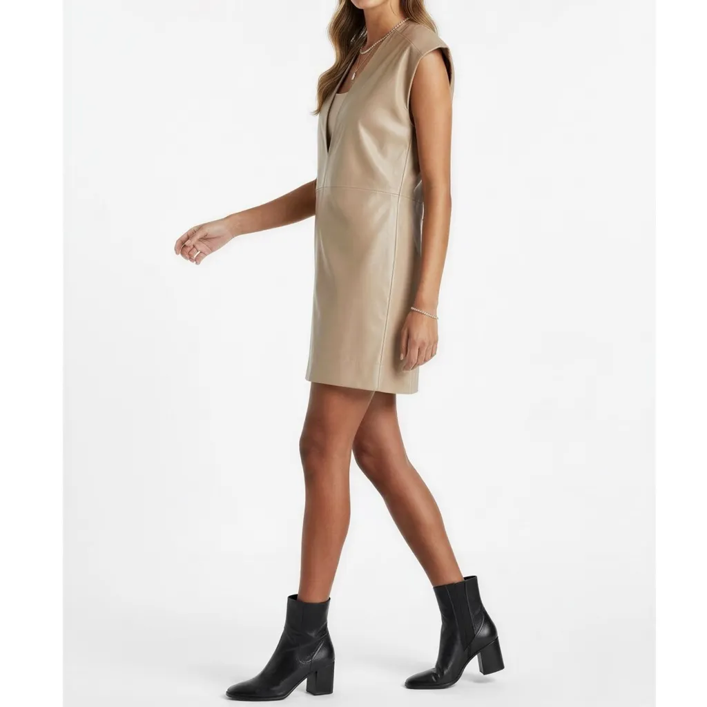 GANNI Lamb Leather Sleeveless Dress, Fossil, FR36/US4 - Image 5