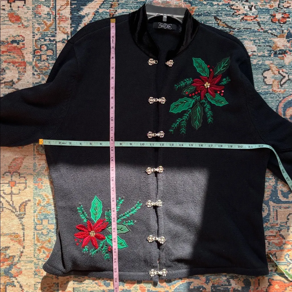 Vintage 90s Christmas Sweater: Crystal Kobe Poinsettia Sequins Velvet Trim Sz XL Black - Image 12