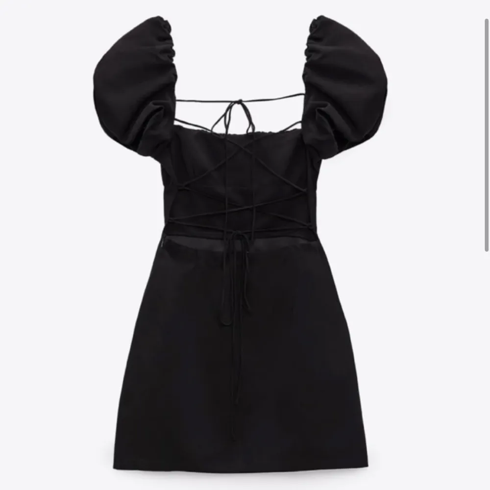 ZARA Puff Sleeve Black Mini Dress Open Back Lace Up Crossback Straps Small NEW - Image 4