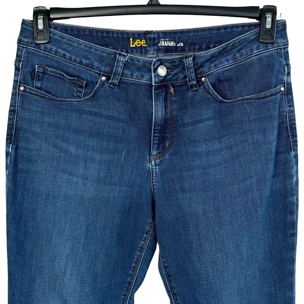 Lee Womens SZ 14S SHORT Straight Leg Jeans Mid-Rise Pockets Zip-Fly Stretch Blue - Image 2