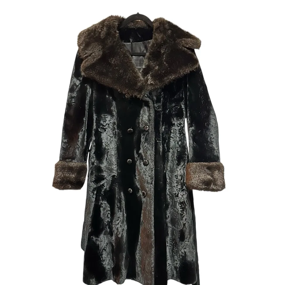 Vintage Betty Rose Black Faux Fur Plush Velvet Coat Belted Double Breasted - Image 13