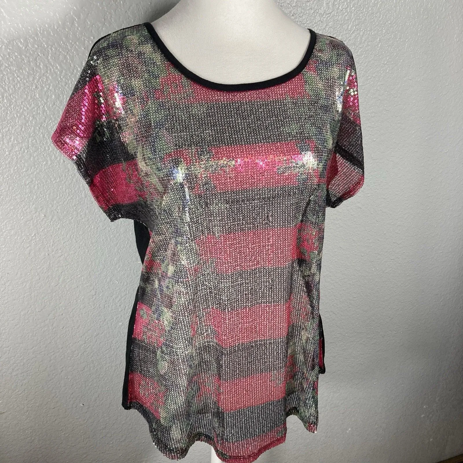 Sequin Party Top L Floral Sheer Shimmer Blouse NYE New Years Sparkle Whimsigoth - Image 9